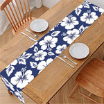 White Blue Hibiscus Floral Pattern Print Table Runner