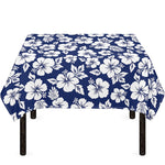 White Blue Hibiscus Floral Pattern Print Tablecloth
