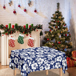 White Blue Hibiscus Floral Pattern Print Tablecloth