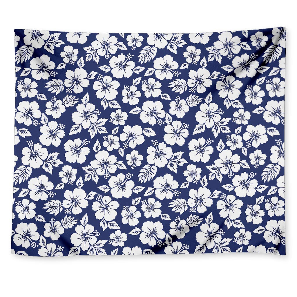 White Blue Hibiscus Floral Pattern Print Tapestry