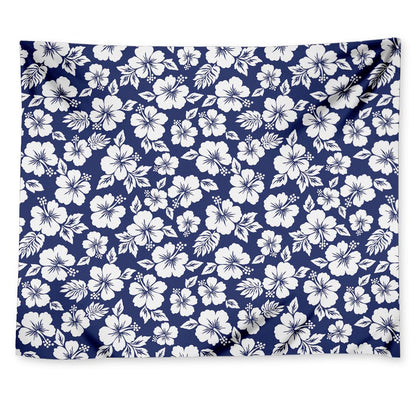 White Blue Hibiscus Floral Pattern Print Tapestry