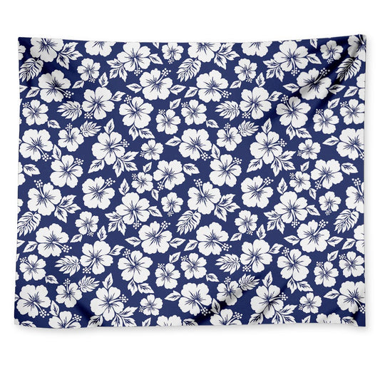 White Blue Hibiscus Floral Pattern Print Tapestry