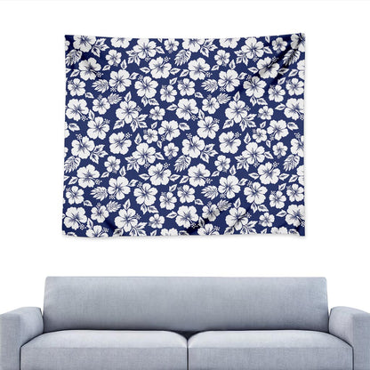 White Blue Hibiscus Floral Pattern Print Tapestry
