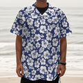 White Blue Hibiscus Floral Pattern Print Textured Short Sleeve Shirt