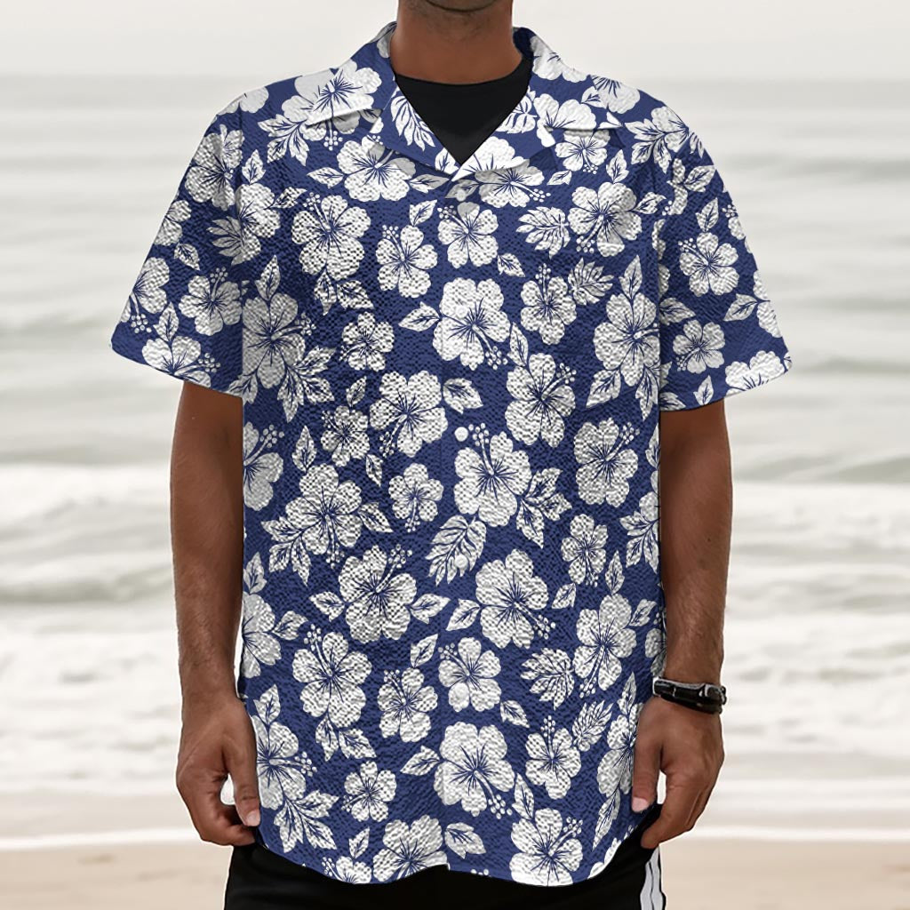 White Blue Hibiscus Floral Pattern Print Textured Short Sleeve Shirt