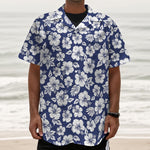 White Blue Hibiscus Floral Pattern Print Textured Short Sleeve Shirt