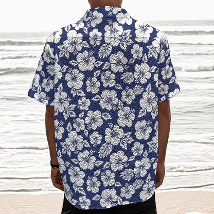 White Blue Hibiscus Floral Pattern Print Textured Short Sleeve Shirt