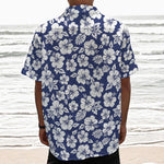 White Blue Hibiscus Floral Pattern Print Textured Short Sleeve Shirt