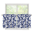 White Blue Hibiscus Floral Pattern Print Tier Curtains