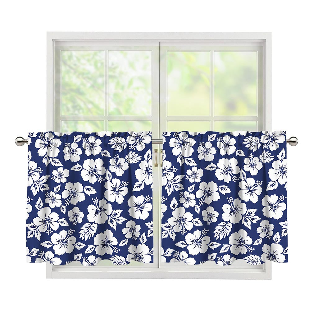 White Blue Hibiscus Floral Pattern Print Tier Curtains