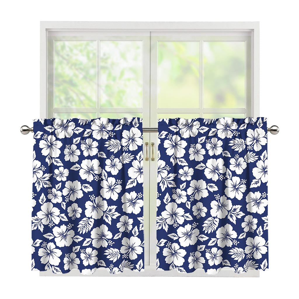 White Blue Hibiscus Floral Pattern Print Tier Curtains