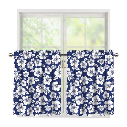 White Blue Hibiscus Floral Pattern Print Tier Curtains