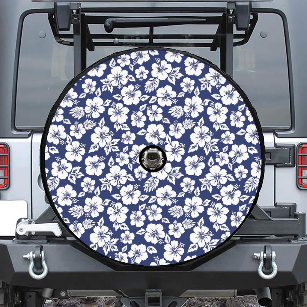 White Blue Hibiscus Floral Pattern Print Tire Cover With Camera Hole