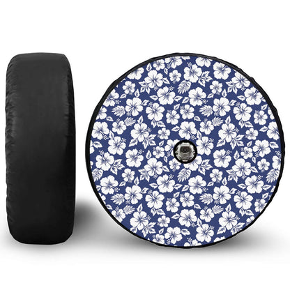 White Blue Hibiscus Floral Pattern Print Tire Cover With Camera Hole