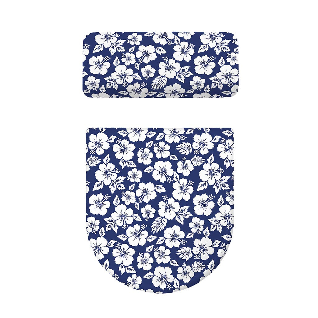 White Blue Hibiscus Floral Pattern Print Toilet Lid And Tank Cover Set