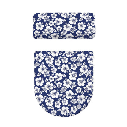 White Blue Hibiscus Floral Pattern Print Toilet Lid And Tank Cover Set