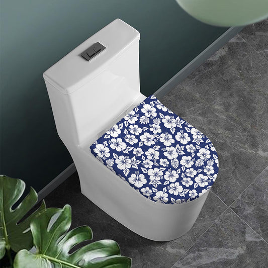 White Blue Hibiscus Floral Pattern Print Toilet Lid Cover
