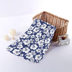 White Blue Hibiscus Floral Pattern Print Towel