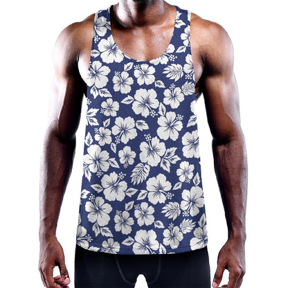 White Blue Hibiscus Floral Pattern Print Training Tank Top