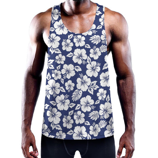 White Blue Hibiscus Floral Pattern Print Training Tank Top