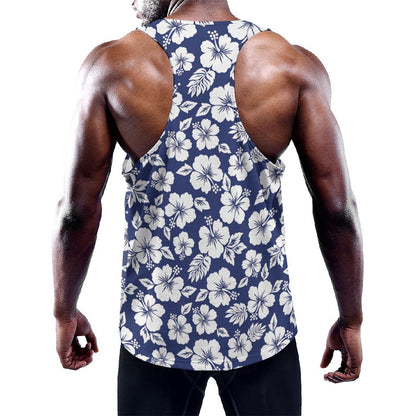 White Blue Hibiscus Floral Pattern Print Training Tank Top