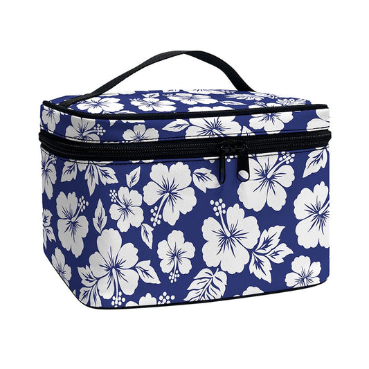 White Blue Hibiscus Floral Pattern Print Travel Makeup Bag