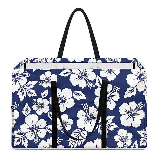 White Blue Hibiscus Floral Pattern Print Utility Tote Bag