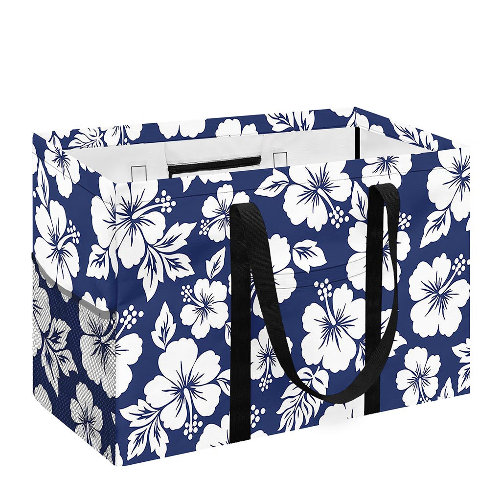 White Blue Hibiscus Floral Pattern Print Utility Tote Bag