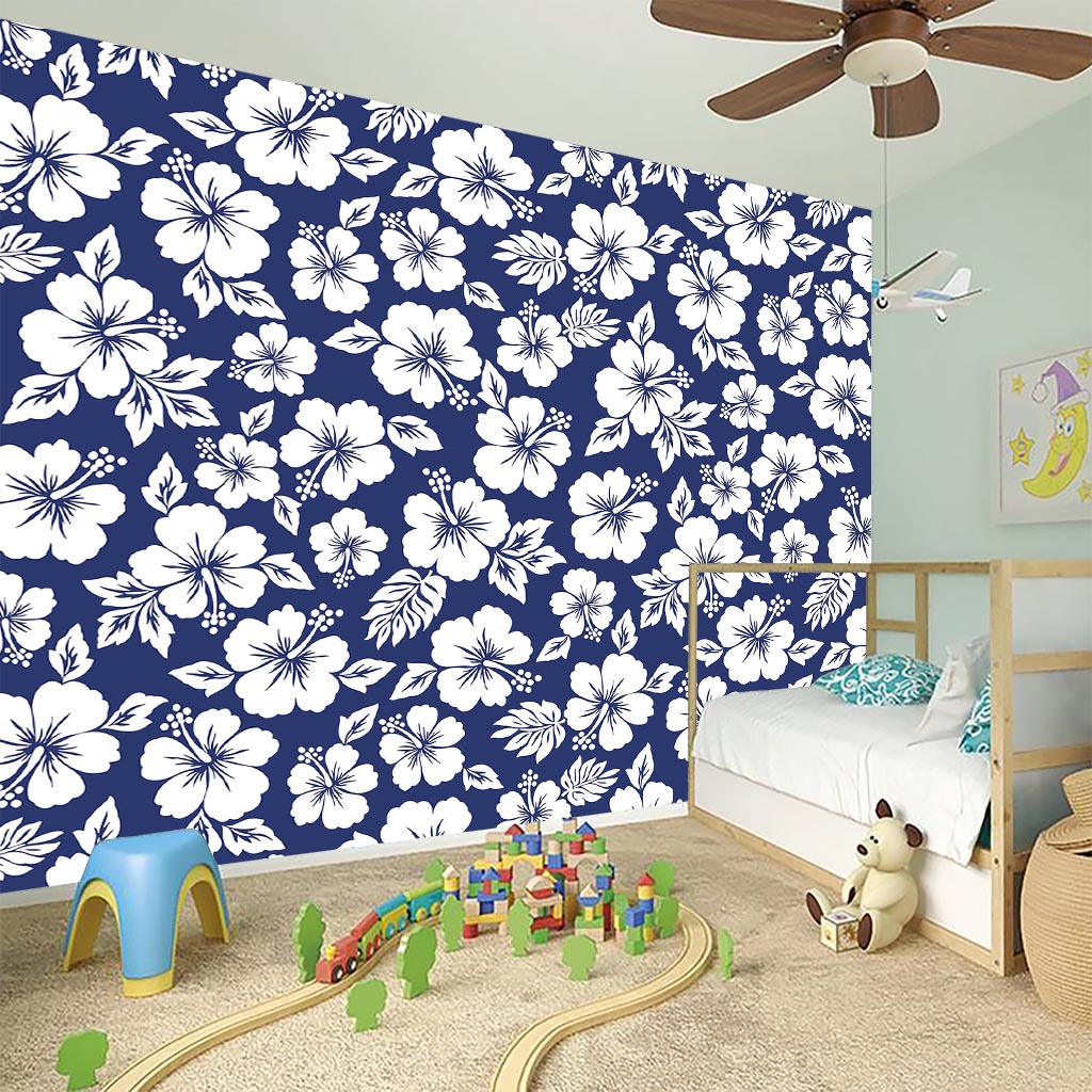 White Blue Hibiscus Floral Pattern Print Wall Sticker