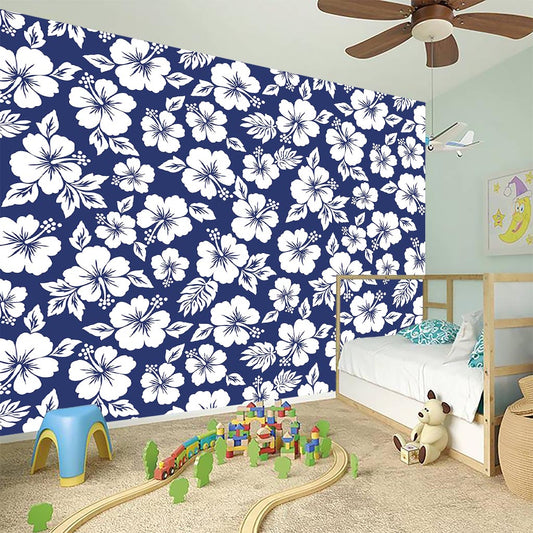 White Blue Hibiscus Floral Pattern Print Wall Sticker
