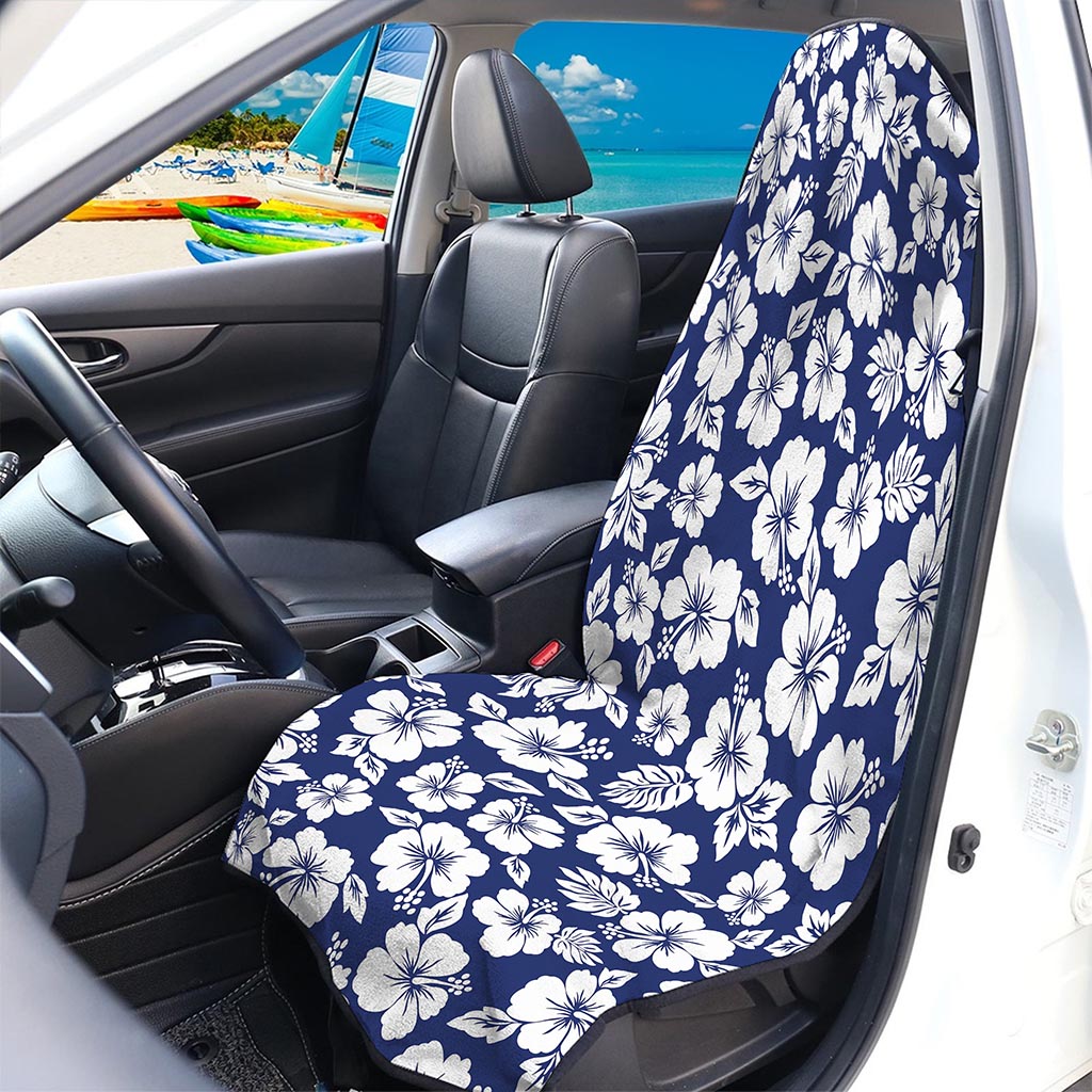 White Blue Hibiscus Floral Pattern Print Waterproof Car Seat Cover