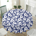 White Blue Hibiscus Floral Pattern Print Waterproof Round Tablecloth