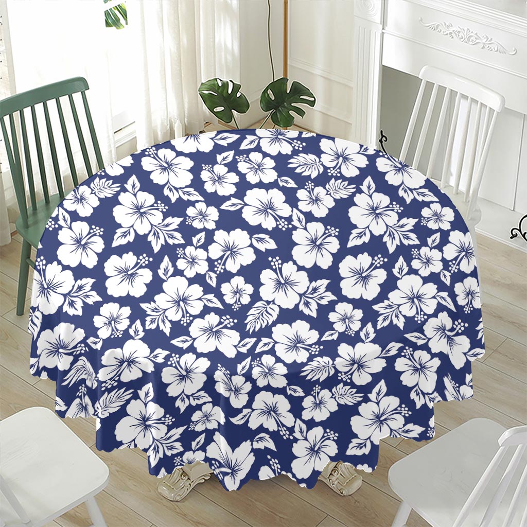 White Blue Hibiscus Floral Pattern Print Waterproof Round Tablecloth