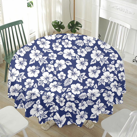 White Blue Hibiscus Floral Pattern Print Waterproof Round Tablecloth