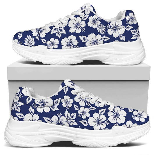 White Blue Hibiscus Floral Pattern Print White Chunky Shoes
