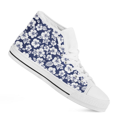 White Blue Hibiscus Floral Pattern Print White High Top Sneakers