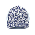 White Blue Hibiscus Floral Pattern Print White Mesh Trucker Hat