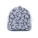 White Blue Hibiscus Floral Pattern Print White Mesh Trucker Cap