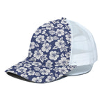 White Blue Hibiscus Floral Pattern Print White Mesh Trucker Cap