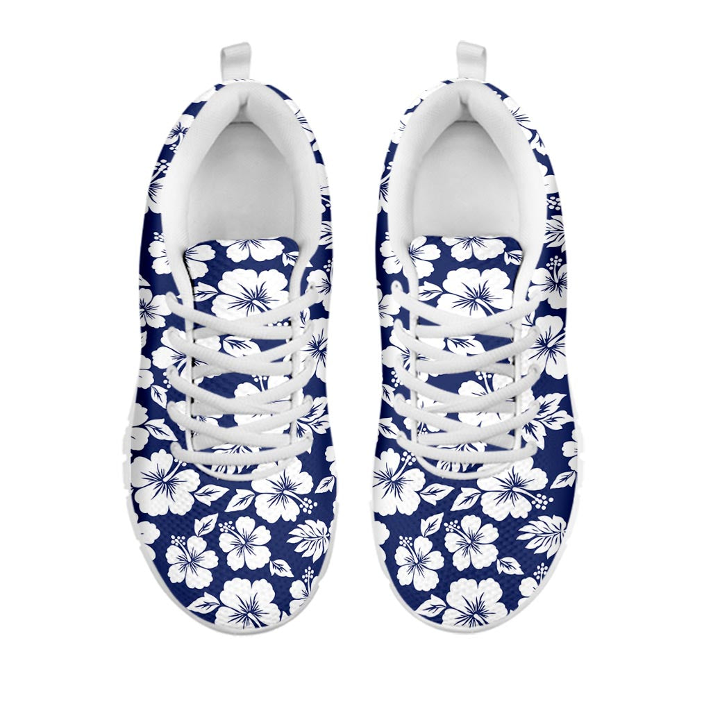 White Blue Hibiscus Floral Pattern Print White Running Shoes