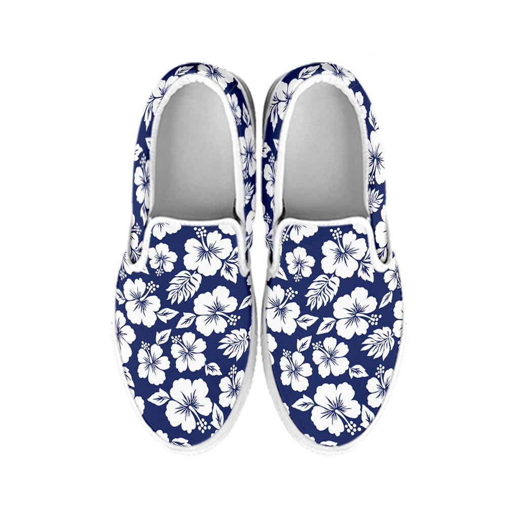 White Blue Hibiscus Floral Pattern Print White Slip On Sneakers