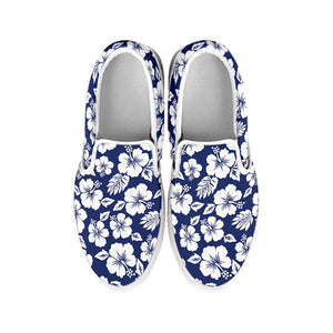 White Blue Hibiscus Floral Pattern Print White Slip On Sneakers