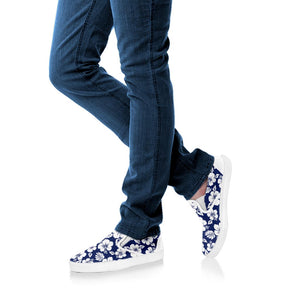 White Blue Hibiscus Floral Pattern Print White Slip On Sneakers