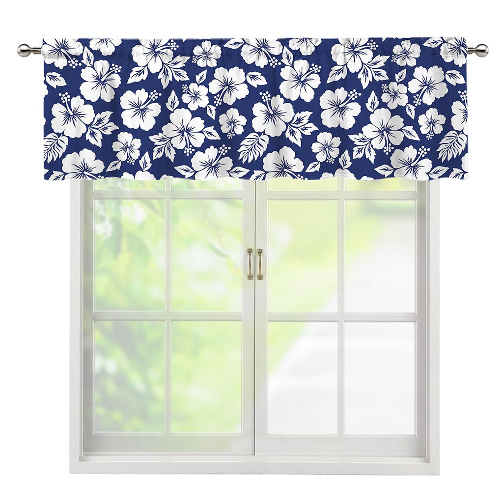 White Blue Hibiscus Floral Pattern Print Window Valance