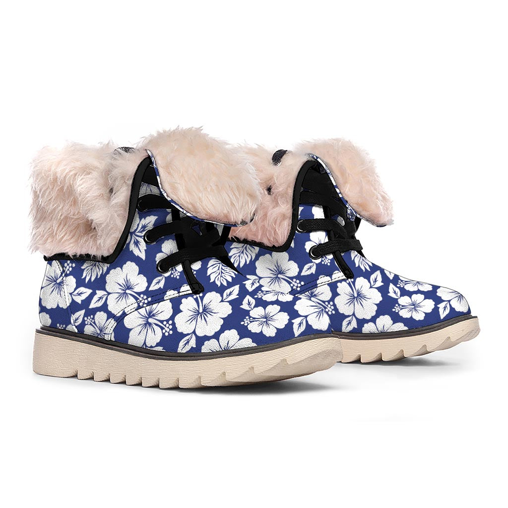 White Blue Hibiscus Floral Pattern Print Winter Boots