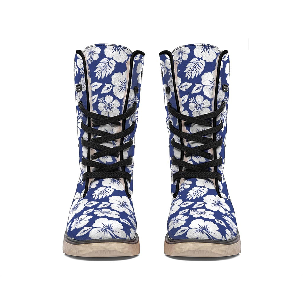 White Blue Hibiscus Floral Pattern Print Winter Boots