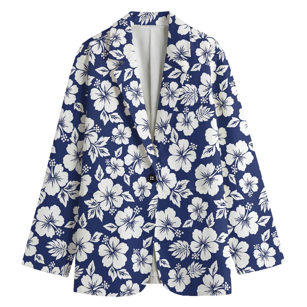 White Blue Hibiscus Floral Pattern Print Women's Blazer