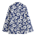 White Blue Hibiscus Floral Pattern Print Women's Blazer