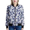 White Blue Hibiscus Floral Pattern Print Women's Bomber Jacket