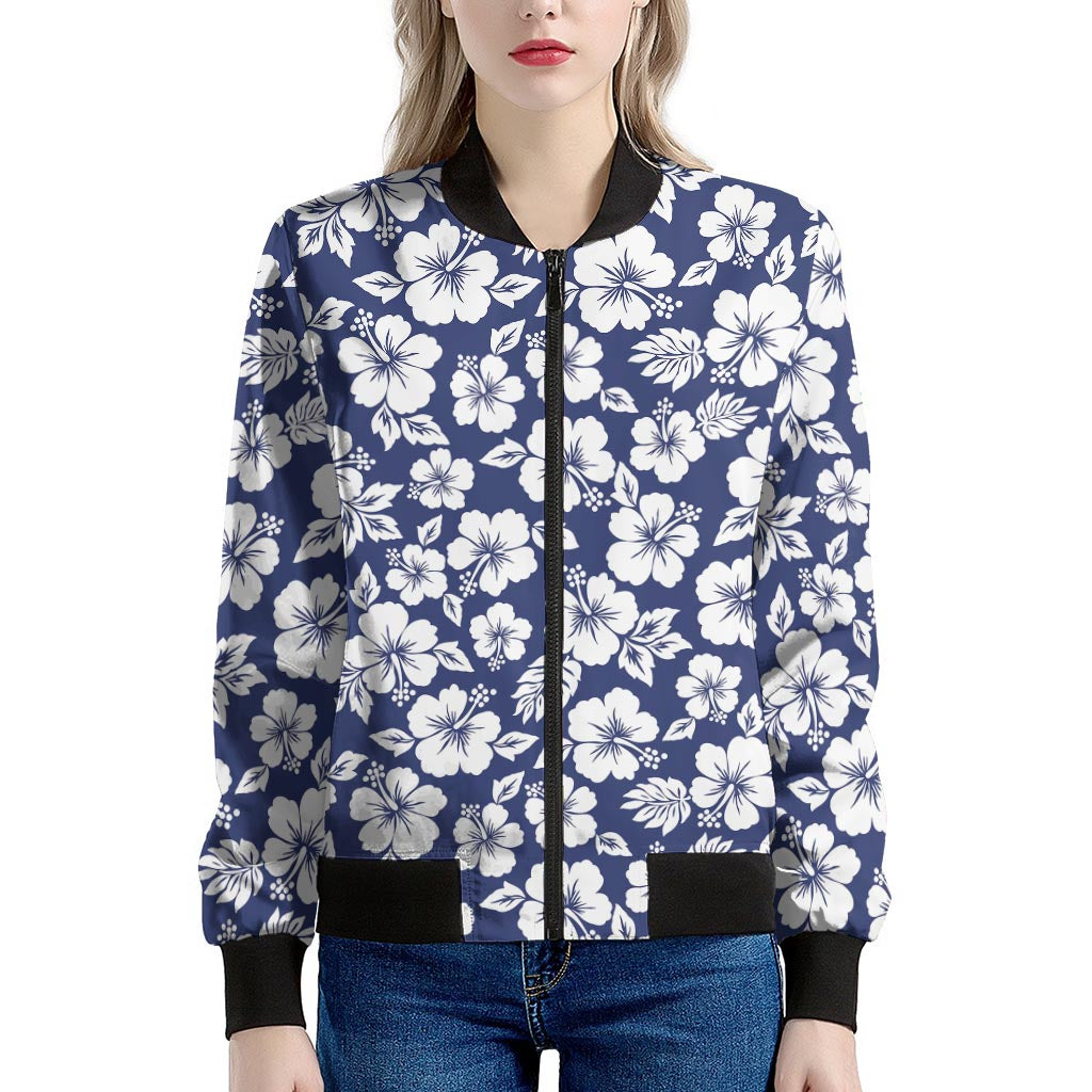 White Blue Hibiscus Floral Pattern Print Women's Bomber Jacket